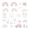 Set of cartoon childhood symbols and icons. Animals heads, flowers, car, stars, and landscape elements for nursery