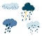 Set of cartoon clouds. Cute weather icons. Clouds with rain, hail, snow, lightning and cute face. Perfect for Printing Fabric Logo