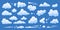 Set of cartoon clouds isolated on blue transparent background. Vector collection white cloud illustration. Blue cloudy