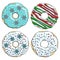 Set cartoon colorful Christmas donuts. Isolated vector objects.