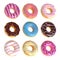 Set of cartoon colorful donuts isolated on white background. Doughnuts collection into glaze for menu design, cafe