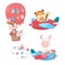 Set cartoon cute animals tiger deer and llama on an airplane and balloon kids clipart.