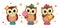 Set cartoon cute funny owls with star, candy, crown. Isolated children`s cartoon fabulous illustration, for print or sticker.