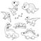 Set of cartoon dinosaurs. Cute dino. Black and white vector illustration for coloring book