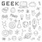 Set of cartoon doodle icons. Collection of symbols geek nerd gamer. Vector illustration, pattern, background, template