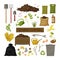 Set of cartoon flat icons. Organic compost theme. Garden tools, wooden box, ground, food garbage. Illustration of bio, organic