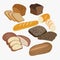 Set of cartoon food bread, rye bread, ciabatta, wheat bread, who