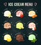 Set of cartoon food on chalkboard: ice cream with different flavours
