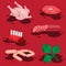 Set of cartoon food meat sausage chicken ribs sausage, tenderloin and leaf of parsley isolated on a red background. Vector image