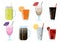 Set of cartoon food non-alcoholic beverages - tea, herbal tea, hot chocolate, latte, mate, coffee, root beer, smoothie