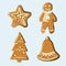 Set of cartoon ginger breads. Gingerbread man, star,bell and christmas tree. Flat vector illustration