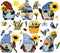 Set of cartoon gnomes holding a sunflower on white background. Bouquets wildflowers in basket, bright sunflowers, insect