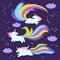 Set of cartoon hand drawn happy unicorns with rainbow tales in the night sky with stars and clouds.