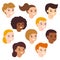 Set cartoon happy multicultural children girl and boy avatar. Cute diverse kids faces. Vector illustration