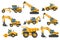 Set of cartoon heavy machinery for construction and mining, motor grader, backhoe, telescopic crane wheels, mining truck,