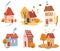 Set of cartoon houses. Cartoon cottage of different colors with trees. Your sweet home. Traditional architecture. Bright building