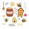 Set of cartoon icons: bees, fresh honey, beehives, honey spoon, barrel, honeycomb. Useful for design of organic product