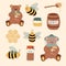 Set of cartoon icons: bees, fresh honey, jars, honey spoon, bear, honeycomb.