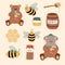 Set of cartoon icons: bees, fresh honey, jars, honey spoon, flowers, bear, honeycomb.