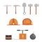 Set of cartoon icons of construction tools on a white background: helmet, shovel, sledgehammer, ax, pickaxe, dynamite. flat design