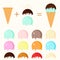 Set of cartoon icons. Ice cream scoops in different colors and waffle cone