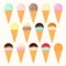 Set of cartoon icons. Ice cream scoops in different colors and waffle cone