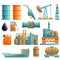 set of cartoon icons on the theme of oil production and refining