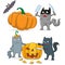 A set of cartoon illustrations on the theme of Halloween, funny cats cut pumpkin isolated on a white background