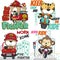 Set of cartoon kid animal activity. Bear the fire fighter. Tiger riding a scooter. Monkey riding a motorbike. Isolated objects on