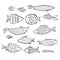 Set of cartoon kids outline fishes