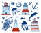 Set of cartoon lighthouses. Hand drawn sketch vector colorful illustration