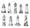 Set of cartoon lighthouses. icons. pencil drawing