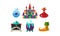 Set of cartoon magic objects. Bottles with elixir, big castle, cauldron with boiling potion and small casket.