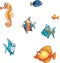 Set of cartoon marine fish and skate