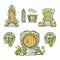 Set of cartoon medieval doors and gate from wood. Various forms. Isolate on white background