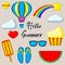 Set of cartoon patch badges. Hello Summer. Photo about clouds, rainbow, stars, glasses, watermelon, Ice cream. Vector isolated ill