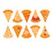 Set of cartoon pizza slices with various toppings. Collection of cheesy fast food, Italian cuisine. Delicious snack and