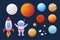 set Cartoon planets, astronaut, rocket, stars and meteorites on a blue background. Vector