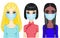 Set of cartoon portraits women of different appearance and nationality in medical masks. P