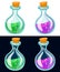 Set of Cartoon Potion Bottle. Glass flasks with colorful liquids isolated on background.