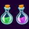 Set of Cartoon Potion Bottle. Glass flasks with colorful liquids isolated on a dark background.