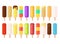 A set of cartoon rectangular ice cream icons on a stick of different types and colors.