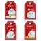 Set of cartoon red Christmas tag or label with laughing and smiling snowmen in Santa`s hat. Xmas gift tag, invitation banner, sa