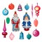 Set of cartoon retro Christmas tree decorations from USSR. Soviet union New year icons isolated on white background. Colorful