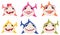 Set of cartoon shark family. Collection of stylized sharks for children. Vector illustration of cute predatory fish.