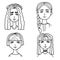 Set of cartoon sketches of cute girls. Doodle style illustration of girls portraits
