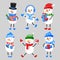 Set of cartoon smiling snowmen in hat, scarf, gloves, skates.