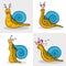 Set of cartoon snail different emotions on white background.