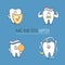 Set of cartoon teeth. Tooth with shield, arrows, toothpaste, mirror.