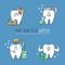 Set of cartoon teeth. Tooth with toothpaste, toothbrush, rinse, mint, bacteria.